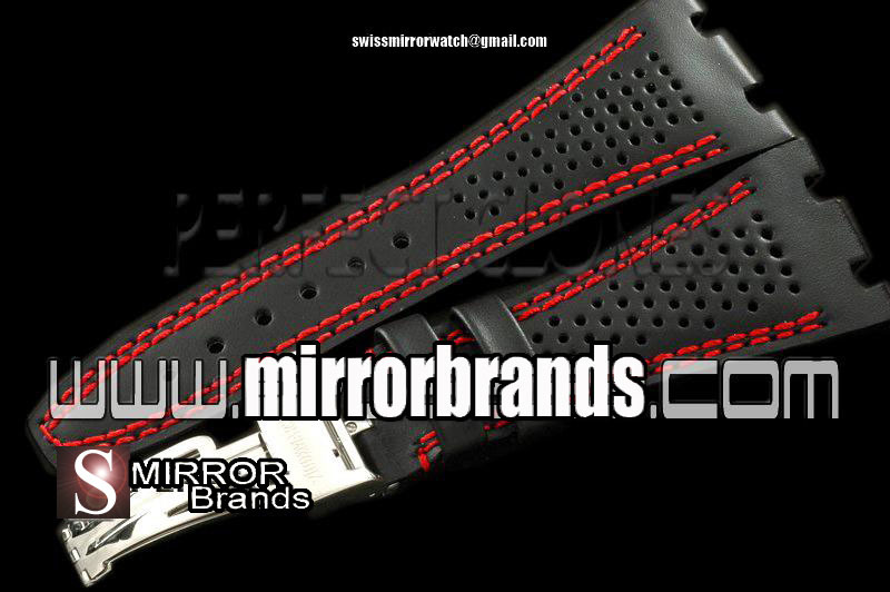 Luxury Audemars Piguet Black Preforated Leather Red Stitch Strap c/w Clasp