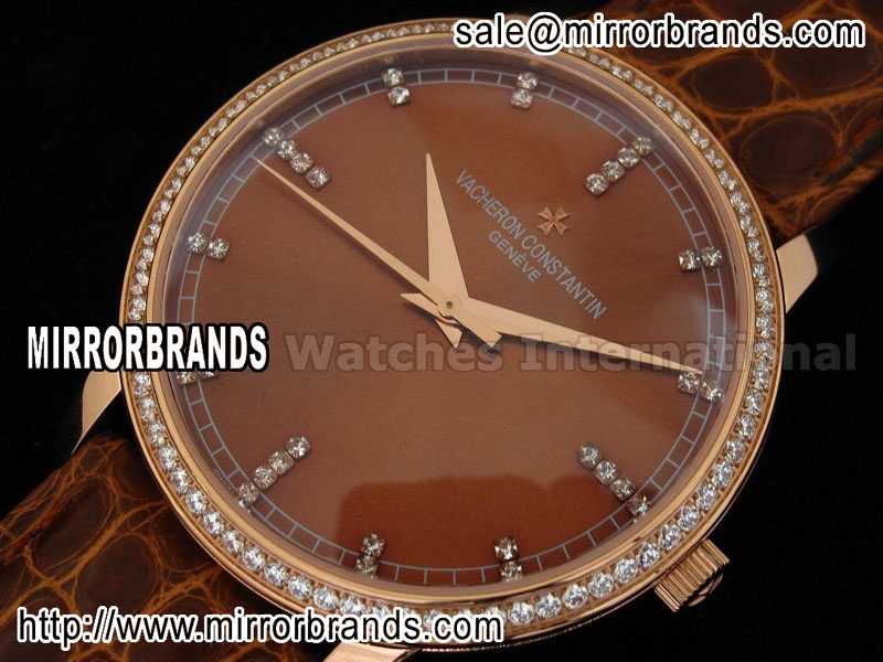 Luxury Vacheron Constantin Patrimony Contemporaine Date Rose Gold Brown Dial Diamond Bezel on Genuine Brown Croco Strap