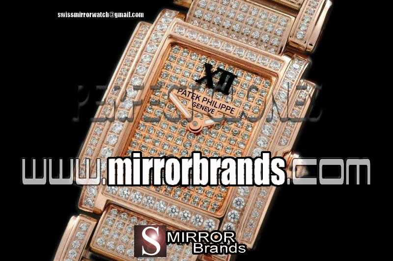 Replica Patek philippe Ladies 24 Hours RG Full Diamonds Dial/Bracelet Swiss Qtz