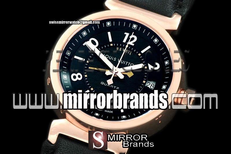New Louis Vuitton Mid Size/XL Ladies Tambour GMT RG/LE Black Jap Quartz Watches