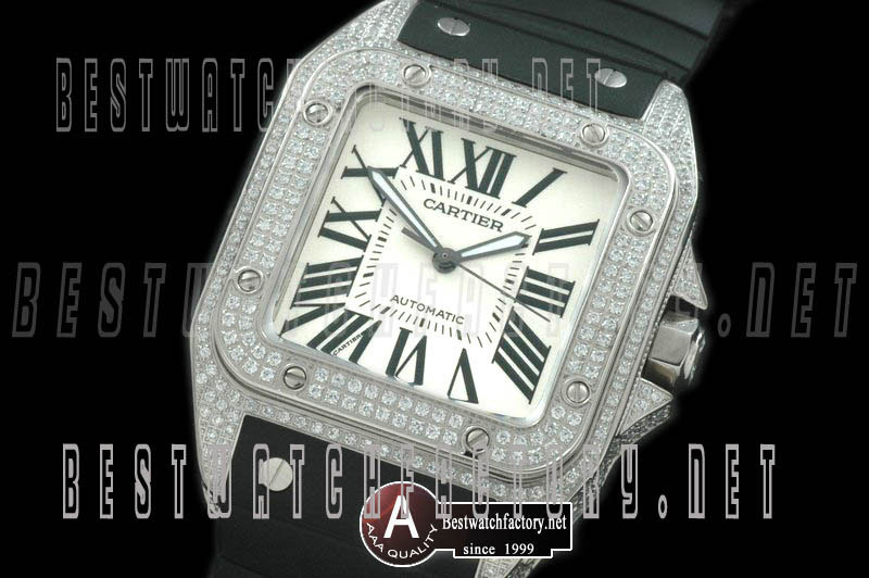 Cartier Santos 100 Men SS/Diamond/Rubber White Asian 2836