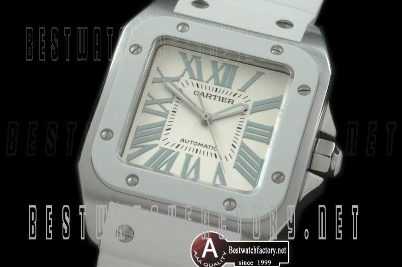Luxury Cartier Santos 100 Mid SS/Rubber White/Whitet Swiss Eta 2671