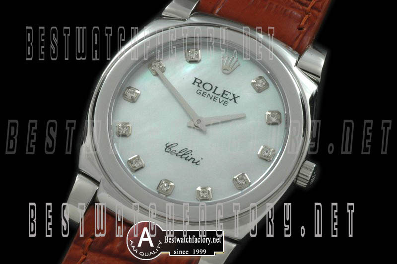 Rolex Cellini Mid Size SS/Leather MOP White Diam Swiss Quartz
