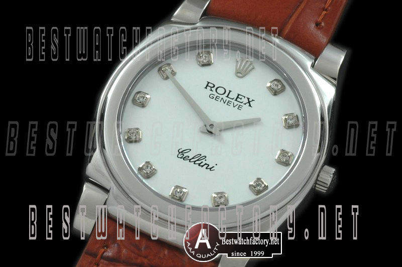 Rolex Cellini Mid Size SS/Leather Silver Diamond Swiss Quartz