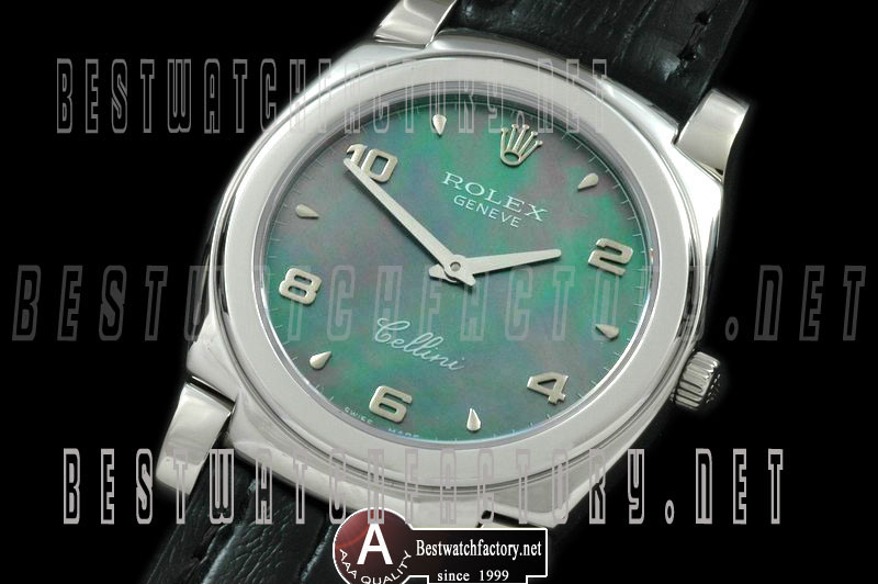 Rolex Cellini Mid Size SS/Leather MOP Green NumeralSwiss Quartz