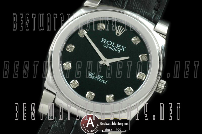 Rolex Cellini Mid Size SS/Leather Black Diamond Swiss Quartz