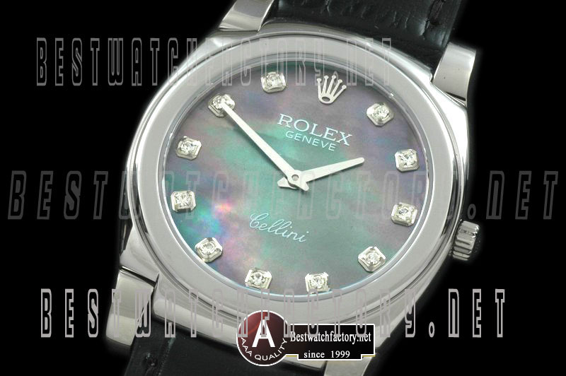 Rolex Cellini Mid Size SS/Leather MOP Green Diamond Swiss Quartz