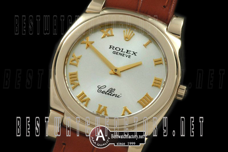 Luxury Rolex Cellini Mid Size Yellow Gold /Leather Silver Swiss Quartz