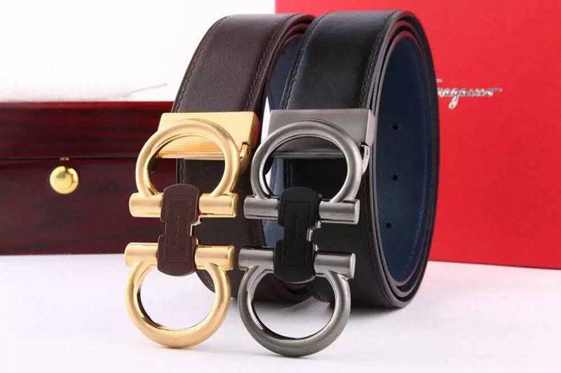 Mens Ferragamo Belts Black/Brown With Gold/PVD Buckle