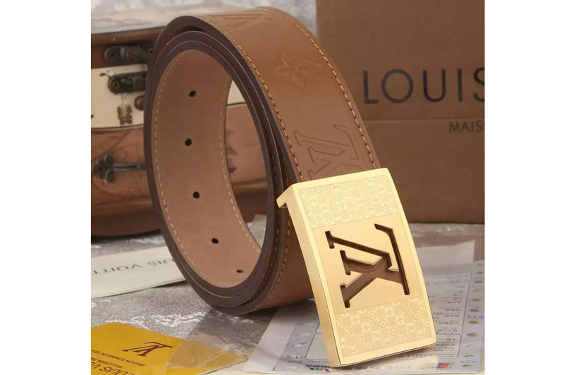 Mens Louis Vuitton Tan Belts With Gold Buckle