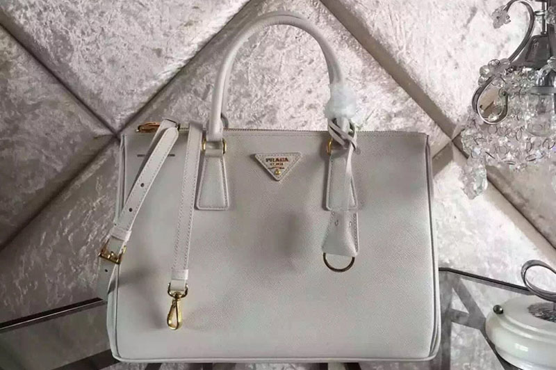 Prada BN2274 Saffiano Lux Double Zip Medium Tote Bags White