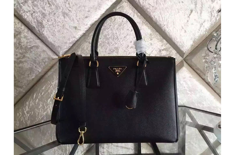 Prada BN2274 Saffiano Lux Double Zip Medium Tote Bags Black