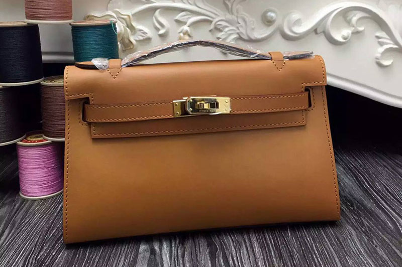 Hermes Mini Kelly 22cm Box Original Leather Bags Tan/Blue/Grey