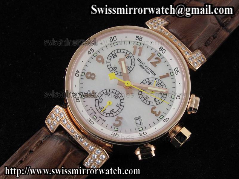 Louis vuitton Tambour Ladies Chronograph RG White MOP Dial on Brown Leather Strap Replica Watches