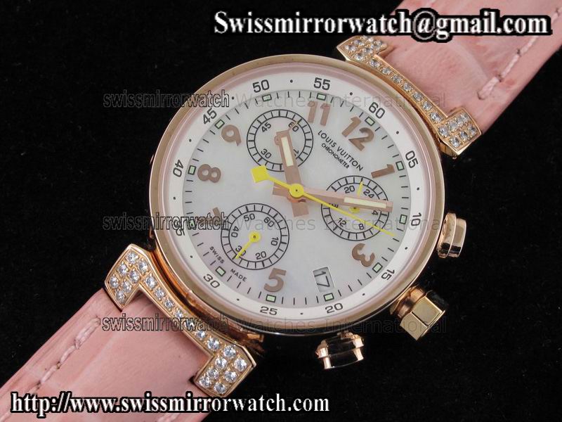 Louis vuitton Tambour Ladies Chronograph RG White MOP Dial on Pink Leather Strap Replica Watches