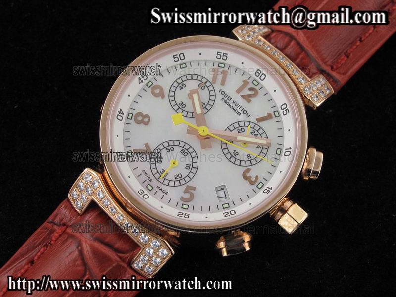 Louis vuitton Tambour Ladies Chronograph RG White MOP Dial on Red Leather Strap Replica Watches