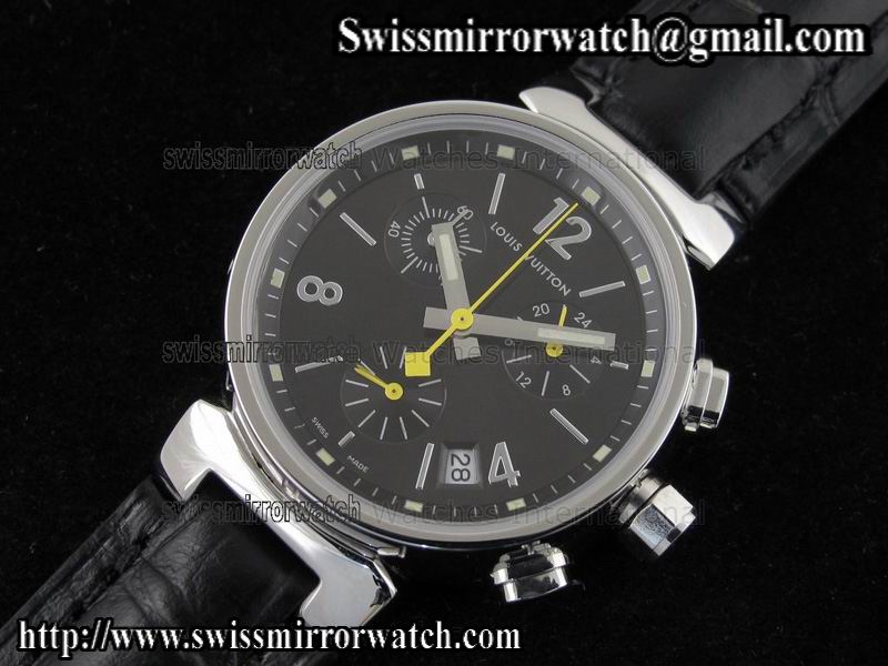 Louis vuitton Tambour Ladies Chronograph SS Black Dial on Black Leather Strap Replica Watches