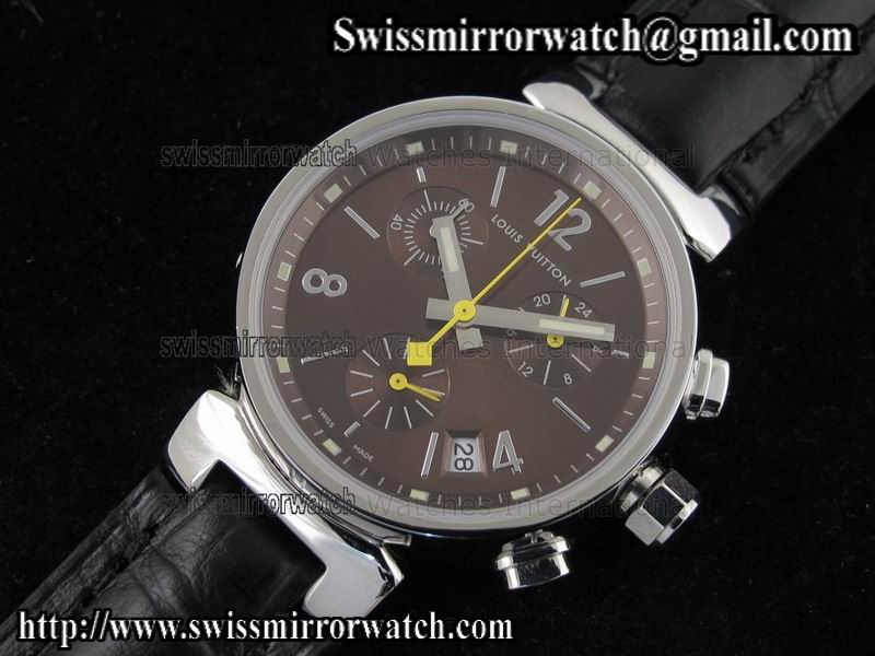 Louis vuitton Tambour Ladies Chronograph SS Brown Dial on Black Leather Strap Replica Watches