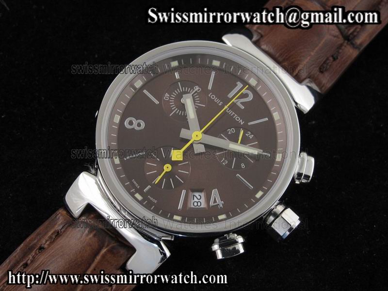 Louis vuitton Tambour Ladies Chronograph SS Brown Dial on Brown Leather Strap Replica Watches