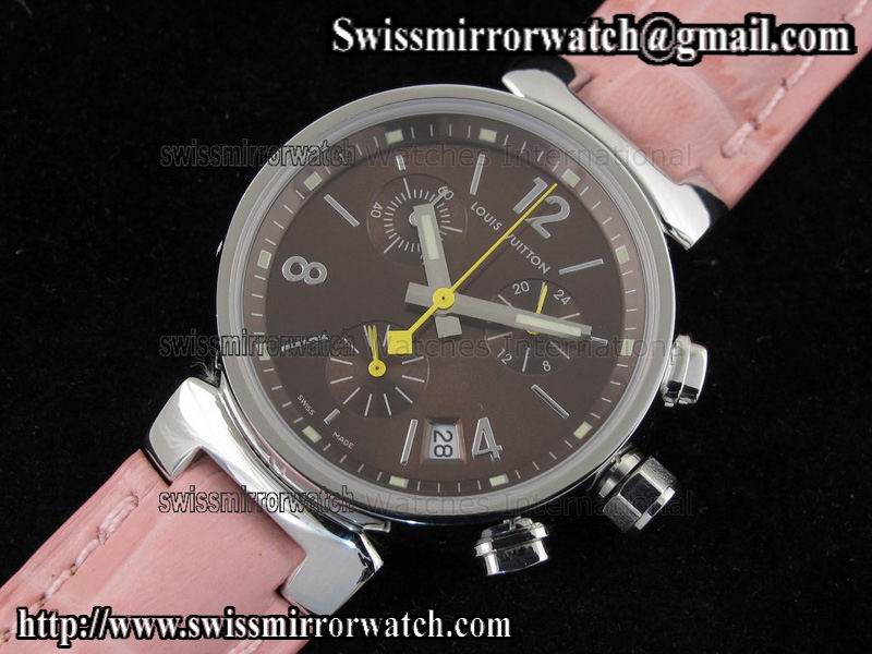 Louis vuitton Tambour Ladies Chronograph SS Brown Dial on Pink Leather Strap Replica Watches