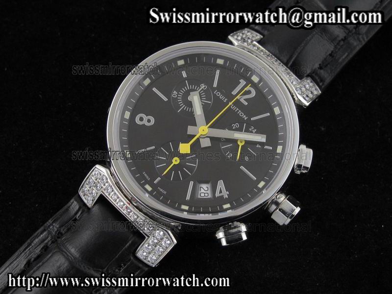 Louis vuitton Tambour Ladies Chronograph SS Diamond Black Dial on Black Leather Strap Replica Watches