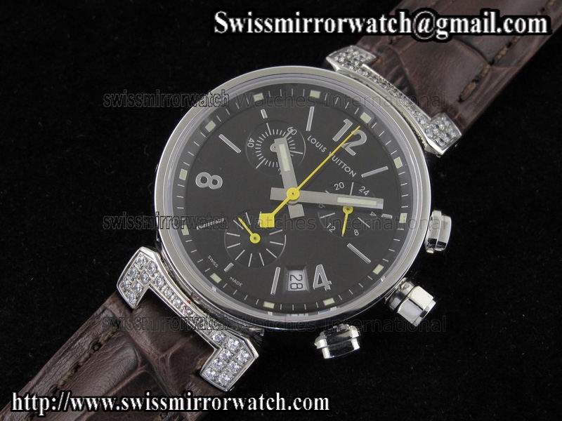 Louis vuitton Tambour Ladies Chronograph SS Diamond Black Dial on Brown Leather Replica Watches