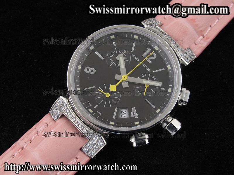 Louis vuitton Tambour Ladies Chronograph SS Diamond Black Dial on Pink Leather Strap Replica Watches