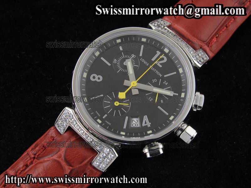 Louis vuitton Tambour Ladies Chronograph SS Diamond Black Dial on Red Leather Strap Replica Watches