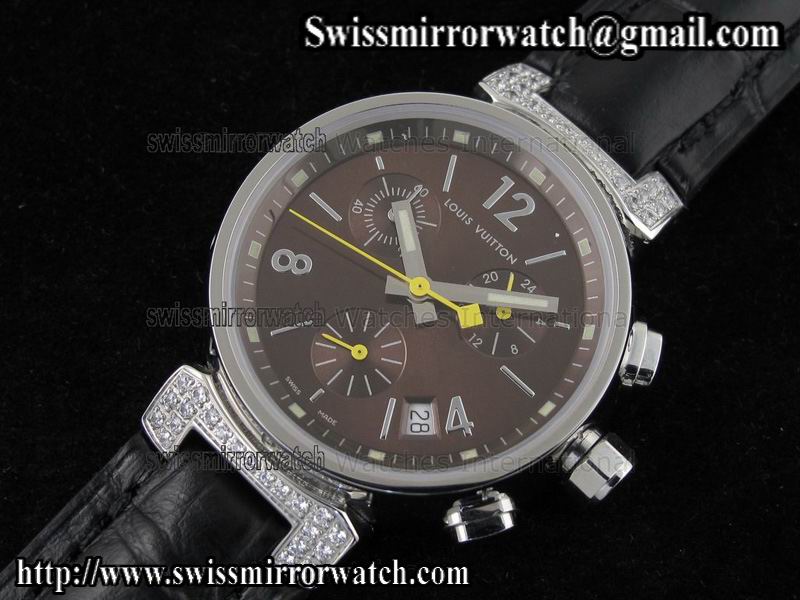 Louis vuitton Tambour Ladies Chronograph SS Diamond brown dial on Black Leather Strap Replica Watches