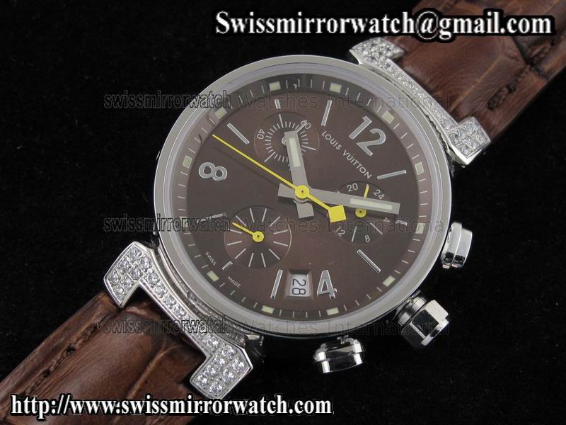 Louis vuitton Tambour Ladies Chronograph SS Diamond brown dial on Brown Leather Strap Replica Watches