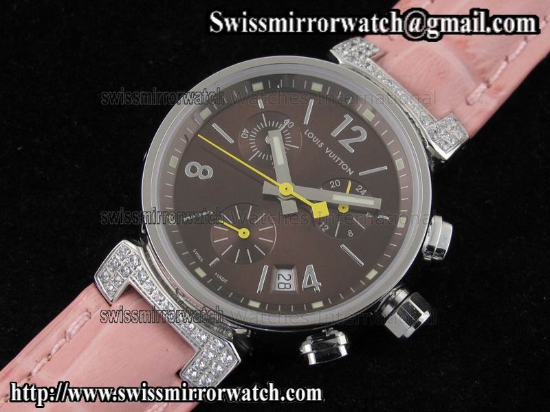 Louis vuitton Tambour Ladies Chronograph SS Diamond brown dial on Pink Leather Strap Replica Watches