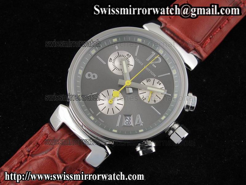 Louis vuitton Tambour Ladies Chronograph SS Grey Dial on Red Leather Strap Replica Watches