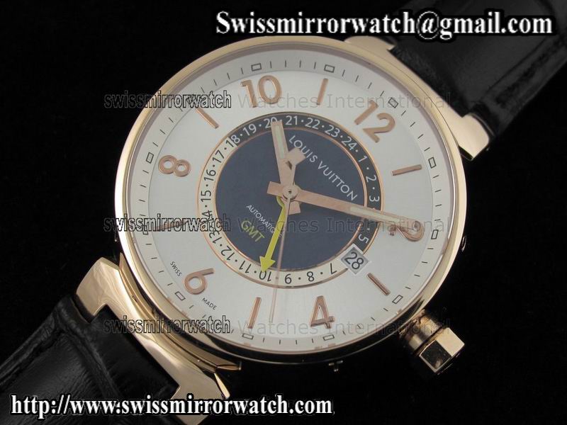 Louis vuitton Tambour GMT Ladies White Dial on Black Leather Strap Replica Watches