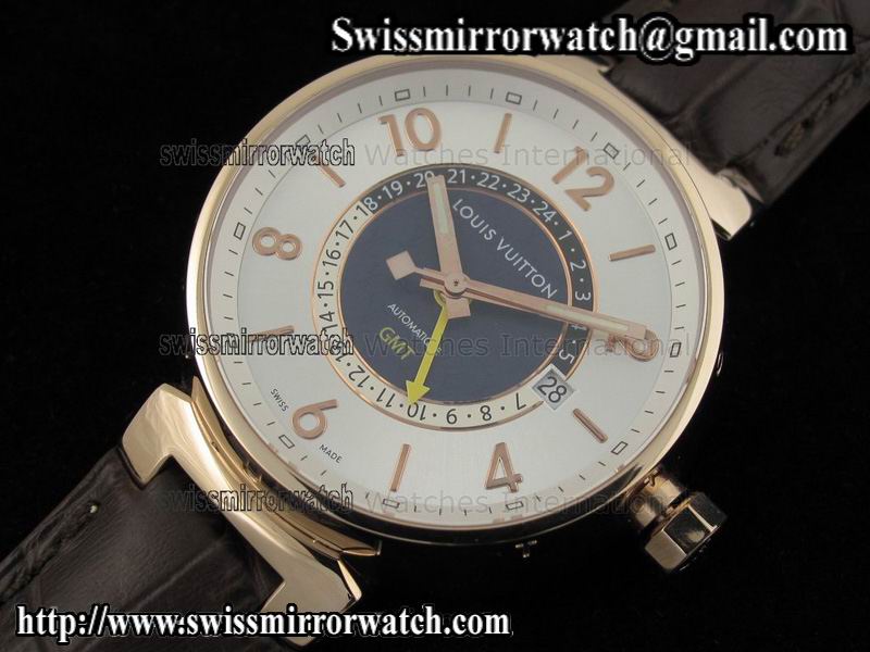 Louis vuitton Tambour GMT Ladies RG White Dial on Brown Leather Strap Replica Watches
