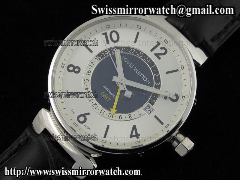 Louis vuitton Tambour GMT Men SS White Dial on Black Leather Strap Replica Watches