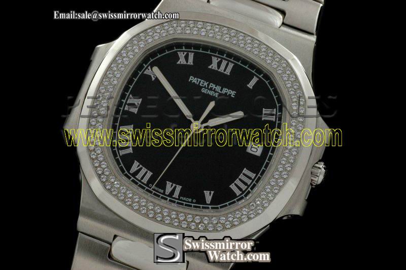 Patek philippe Nautilus Jumbo SS/SS/2Diam Black/Roman Asian 4813 Replica Watches