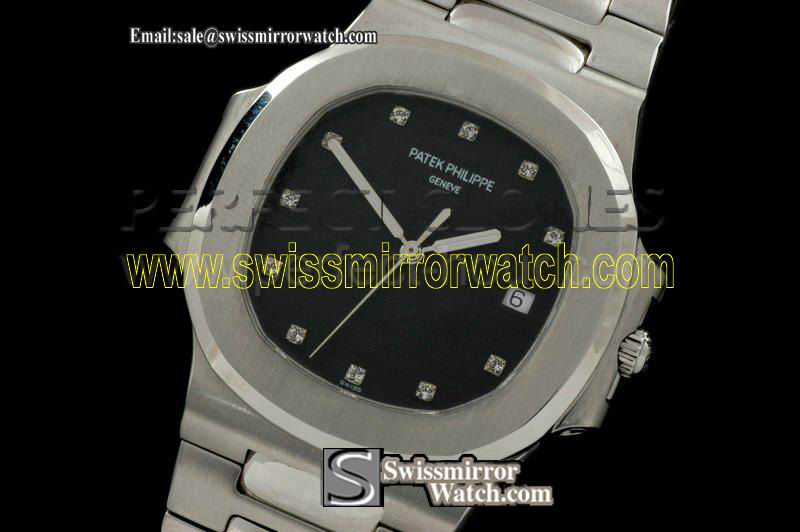 Patek philippe Nautilus Jumbo SS/SS Black/Diam Asian 4813 28800bhp Replica Watches