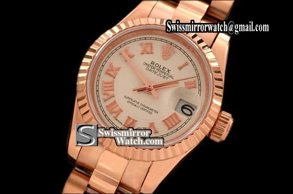 Ladeis Rolex Datejust RG Pres/Fluted White/Roman Dial Swiss Eta 2671 Replica Watches