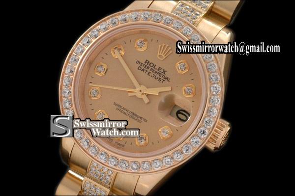 Ladeis Rolex Datejust Pres Diam Bez/Bracelet Gold Dial Swiss Eta 2671-2 Replica Watches