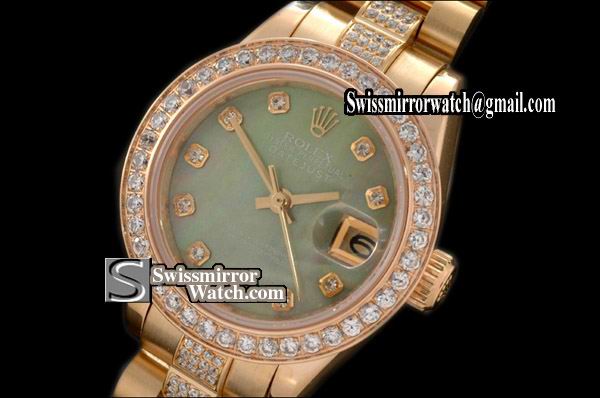 Ladeis Rolex Datejust Pres Diam Bez/Bracelet MOP E-Green Dial Swiss Eta 2671-2 Replica Watches