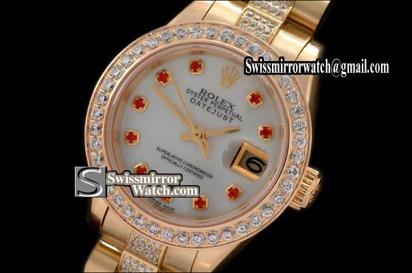Ladeis Rolex Datejust Pres Diam Bez/Bracelet M-Wht/Red Ruby Dial Swiss Eta2671-2 Replica Watches