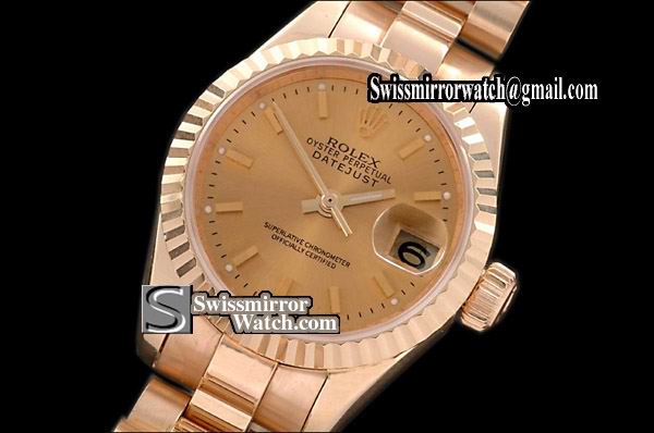 Ladeis Rolex Datejust FG Gold Dial Sticks Markers Eta 2671-2 Replica Watches