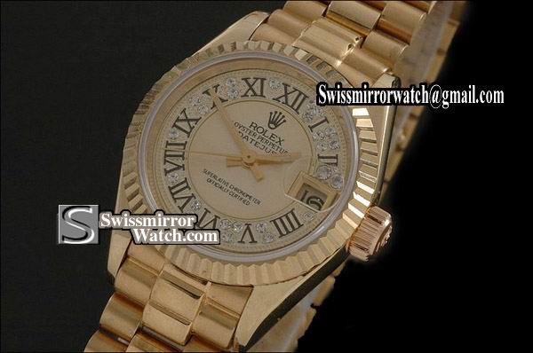 Ladeis Rolex Datejust FG Gold Diam Dial Roman Markers Eta 2671-2 Replica Watches
