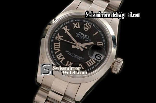 Ladeis Rolex Datejust SS Pres/Smooth Black/Roman Dial Swiss Eta 2671 Replica Watches