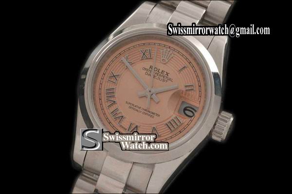 Ladeis Rolex Datejust SS Pres/Smooth Salmon/Roman Dial Swiss Eta 2671 Replica Watches
