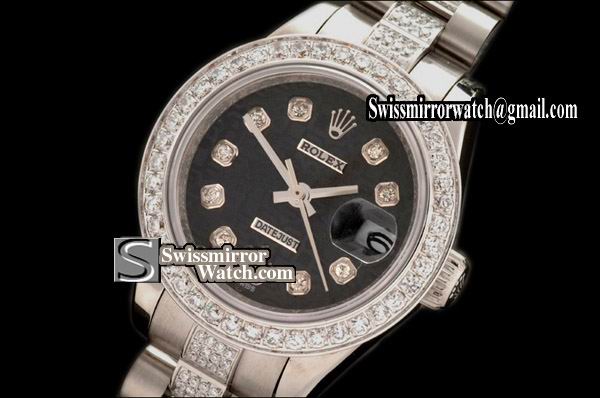 Ladeis Rolex Datejust SS Pres Diam Bez/Bracelet Black Jub Dial Swiss 2671-2 Replica Watches