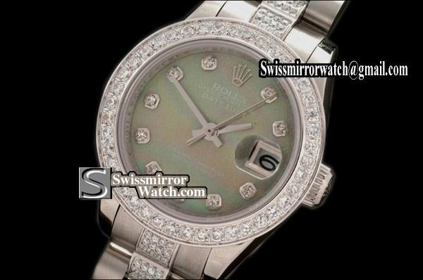 Ladeis Rolex Datejust SS Jub Diam Bez/Bracelet MOP E-Green Dial Eta 2671-2 Replica Watches