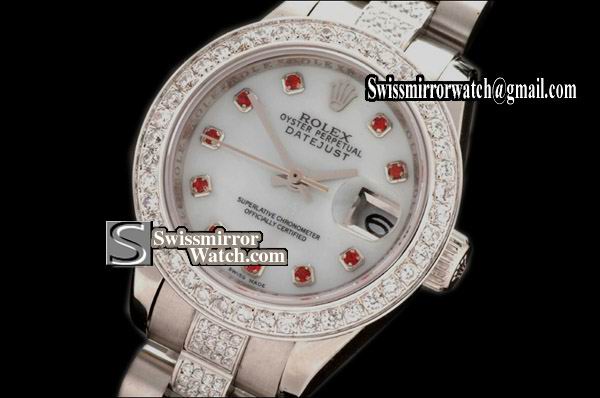 Ladeis Rolex Datejust SS Pres Diam Bez/Bracelet M-Wht/Red Ruby Dial Swiss 2671-2 Replica Watches