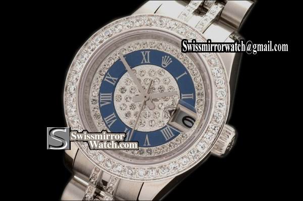 Ladeis Rolex Datejust SS Jub Diam Bez /Diam Blue Ring Roman Dial Eta 2671-2 Replica Watches