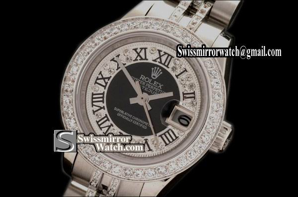 Ladeis Rolex Datejust SS Jub Diam Bez /Diam Blk Centre Roman Dial Eta 2671-2 Replica Watches